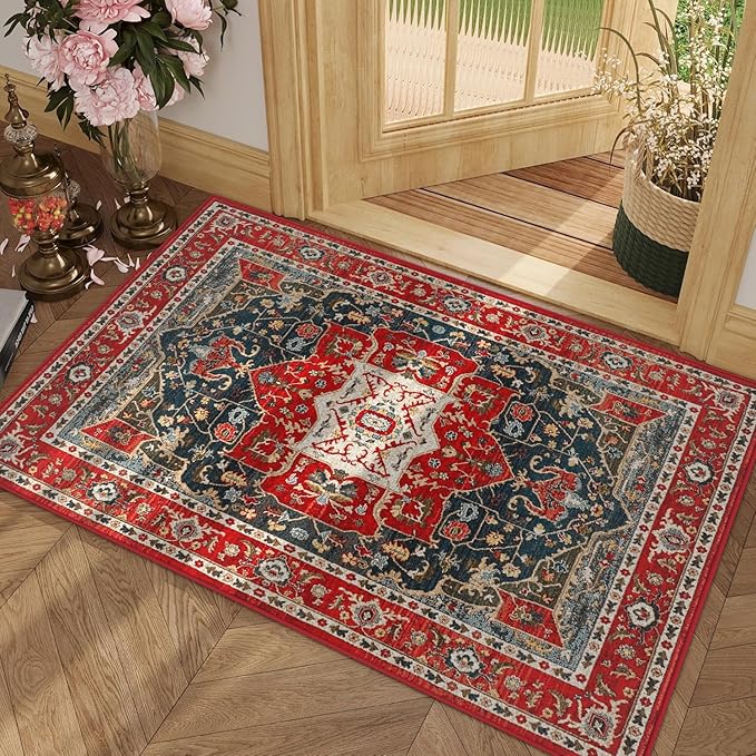 Enkor Area Soft Rugs 2x3 Washable Non Slip Boho Small Floor Entryway Rugs for Living Room Bedroom, Vintage Style Farmhouse Mat for Kitchen Red & Blue