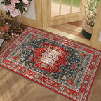 Enkor Area Soft Rugs 2x3 Washable Non Slip Boho Small Floor Entryway Rugs for Living Room Bedroom, Vintage Style Farmhouse Mat for Kitchen Red & Blue