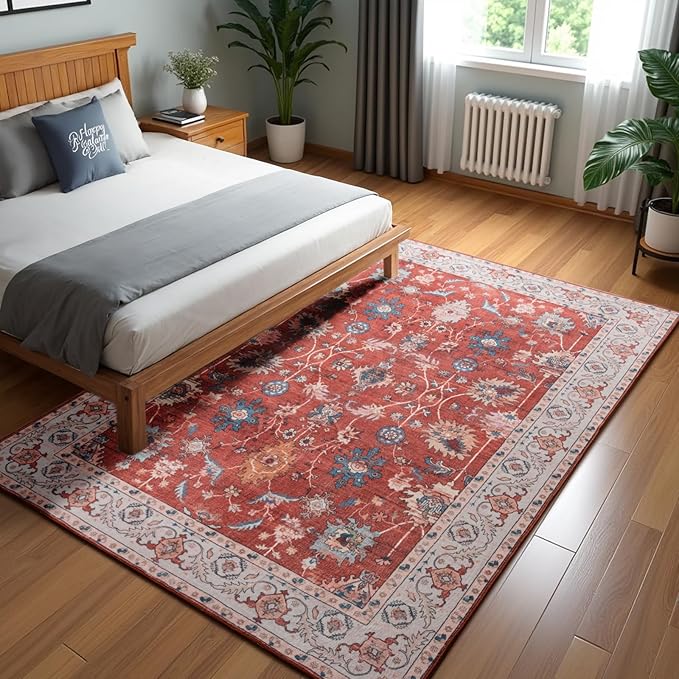 Area Rug 4x6, Washable Faux Wool Throw Rugs for Living Room, 0.3″ Non Slip Low Pile Vintage Boho Carpet for Ding Room, Home Office, Bedroom, Kids Room, Bedside (Red)
