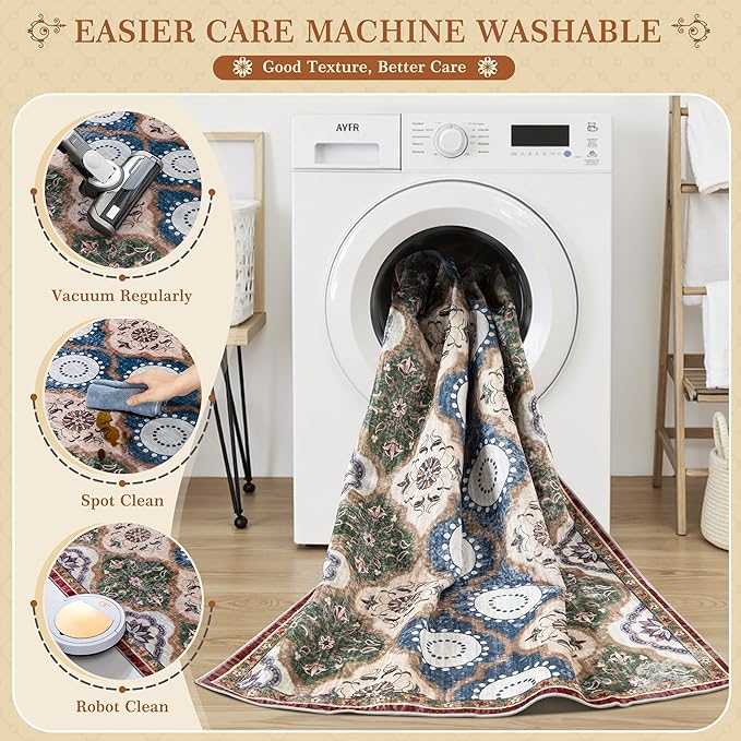 EnHomee Area Rugs 3x5, Soft Washable Rugs for Living Room Bedroom, Boho Non Slip Low Pile Stain Resistant Washable Rug Large Carpet for Dining Room,Easy to Clean Living Room Rug, Red & Green