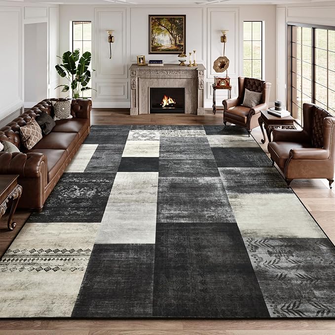 DweIke Large Modern Washable Area Rugs 8x10, Living Room Rug Non-Slip and Non-Shedding Large Rugs for Bedroom, Low Pile Indoor Rubber Backed Carpets for Dining Office Home Decor, Black and White