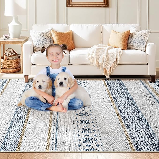 BESTSWEETIE 5x7 Area Rugs for Living Room Washable Moroccan Farmhouse Neutral Geometric Low Pile Non-Slip Soft Print Pattern Rug for Bedroom Kitchen Dining Room Entryway Blue/Brown