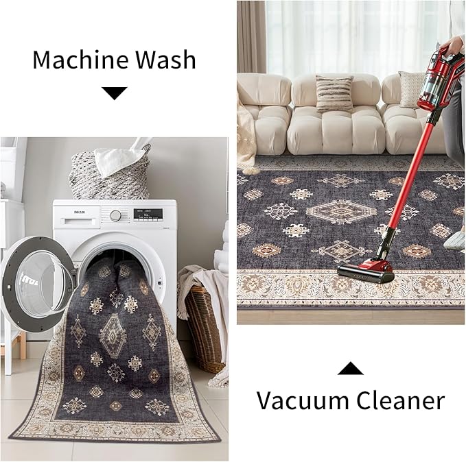 ILANGO Washable Area Rugs 5x7 for Living Room Vintage Area Rugs Non Slip Boho Dining Room Rugs for Under Table Ultra-Thin Low-plie Floor Carpet for Bedroom Farmhouse