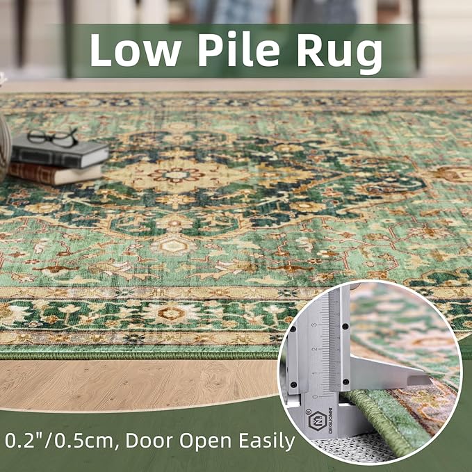 Green Runner Rugs for Hallway 2x6 Ft Non-Slip Fall Runner Rugs with Rubber Backing Washable Rug Runner for Kitchen Bedroom Vintage Distressed Carpet (Border Green)