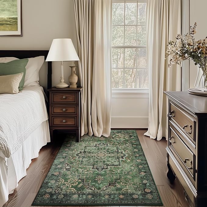 Tranditional Dark Green 4x6 Area Rugs for Living Room, Washable Non Slip Bedroom Bedside Throw Rugs, Vintage Distressed Medallion Printed Low Pile Soft Carpet for Entryway/Home Office/Kitchen