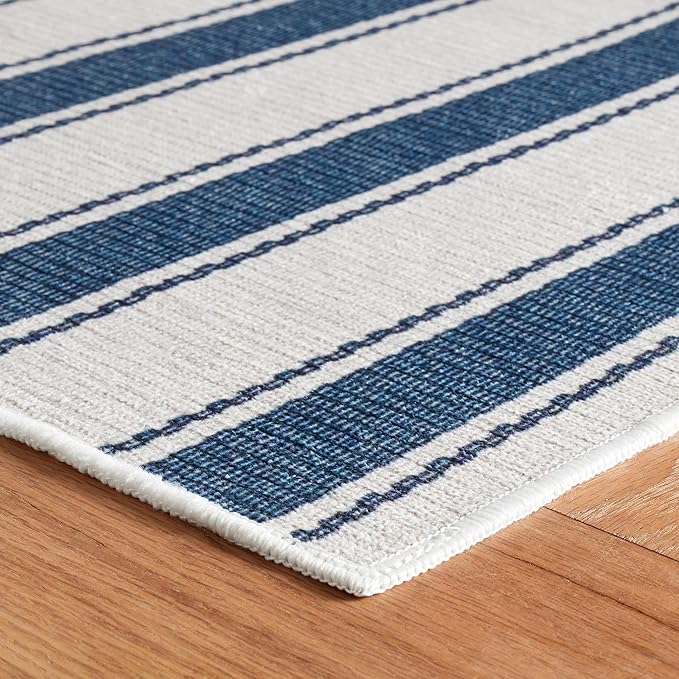 Dash & Albert Awning Stripe Blue Machine Washable Rug, 5 X 8 Feet, Blue Stripe Pattern