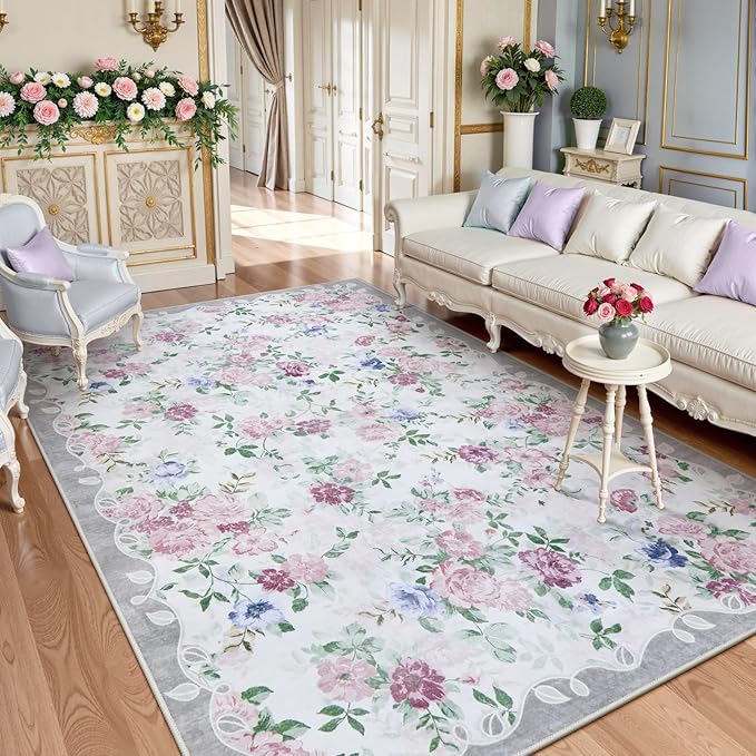 Lahome Purple Floral 5x7 Area Rugs, Boho Rugs for Bedroom Girls,Vintage Living Room Rug Non Slip Low Pile Ultra-Thin Large Carpet for Farmhouse,Dining Room,Kids Playroom,Nursery(5'X7',Purple/Grey)