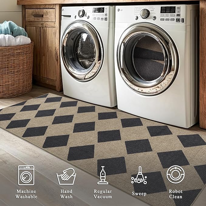Checkered Easy Jute Entryway Rug 2x3 Indoor Outdoor Front Door Mat Washable Non Slip Farmhouse Neutral Low Pile Small Rug for Entryway Proch Kitchen