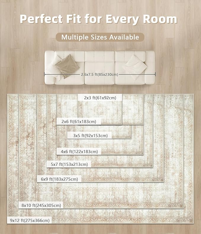 Area Rug 2x3 Entryway Rugs - Machine Washable Vintage Boho Area Rug Non-Slip Kitchen Rugs Soft Stain Resistant Indoor Door Mat, Small Oriental Throw Rug for Entrance Hallway Bedroom (Beige, 2'x3')