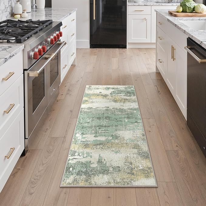 GENIMO 2x4 Entryway Runner Rug, Washable Runners for Kitchen, Indoor Entrance, Bathroom, Low Pile Small Carpet with Non Slip Backing, Abstract Modern Design, Light Green