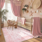 LIVEBOX Pink Area Rug 6x9, Vintage Living Room Rug Machine Washable Area Rugs, Pink Rugs for Bedroom Girls, Indoor Carpet for Dining Room Nursery Dorm Home Decor