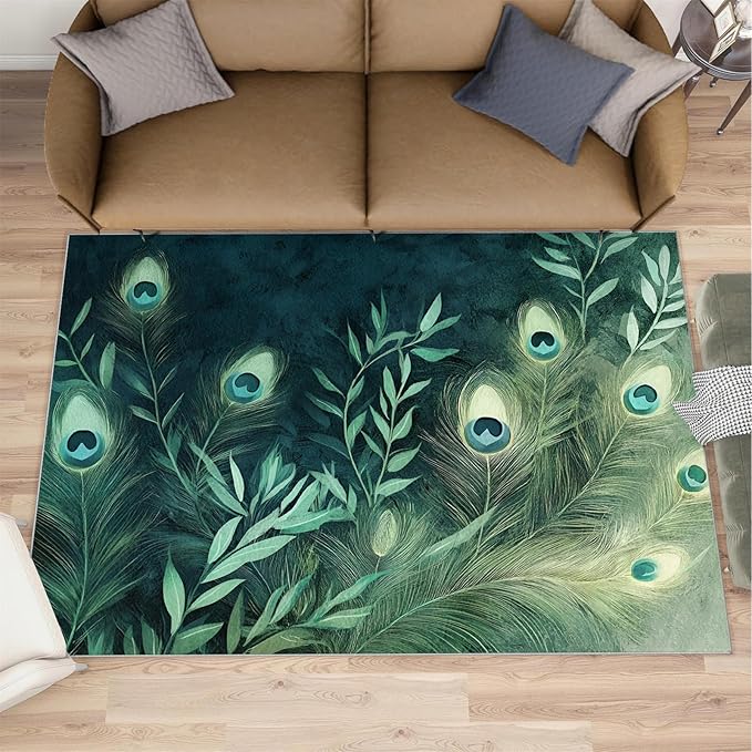 Peacock Feather Rugs for Living Room - 4x6 Rug, Peacock Decor Area Rugs for Bedroom, Teal Turquoise Rug, Plant Washable Carpet, Malachite Green Feather Carpet - Peafowl Home Decor & Gifts