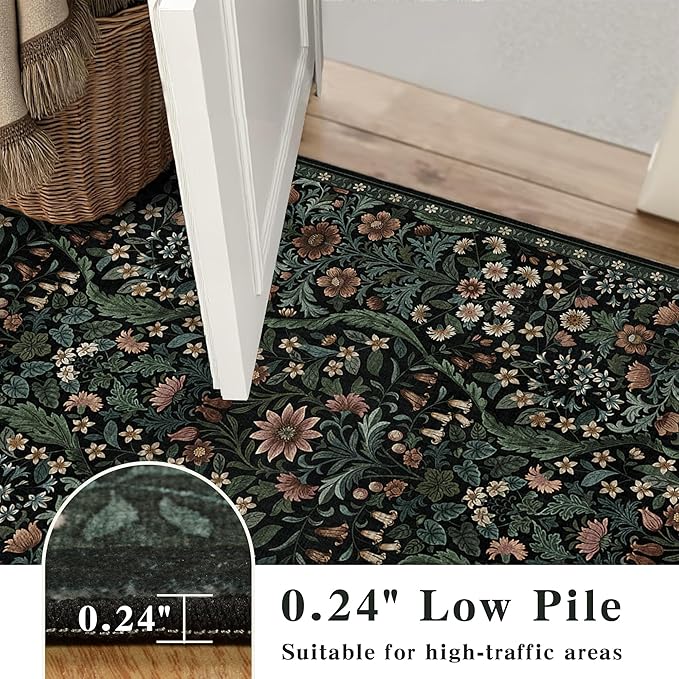 4x6 Black Floral Boho Area Rug,Low-Pile Stain Resistant Non-Slip Machine Washable Carpet for Living Room,Bedroom, Kitchen,Entryway,Dining Room, Nursery