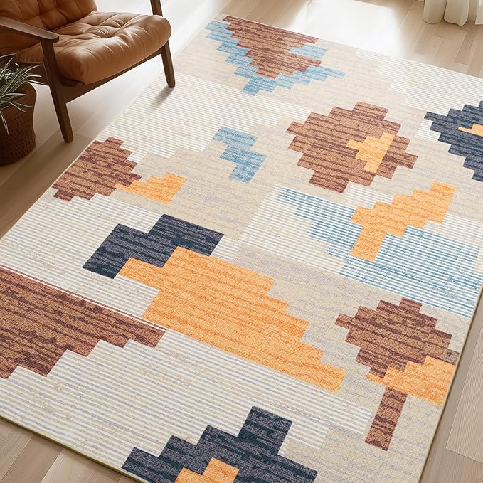 Phantoscope Washable Area Rug 6'x9' Non-Slip, Modern Neutral Boho Rugs for Living Room, Bedroom, Dining Room, Abstract Geometric Blocks Pattern, Low-Pile Foldable Floor Carpet, Warm Terracotta/Cream