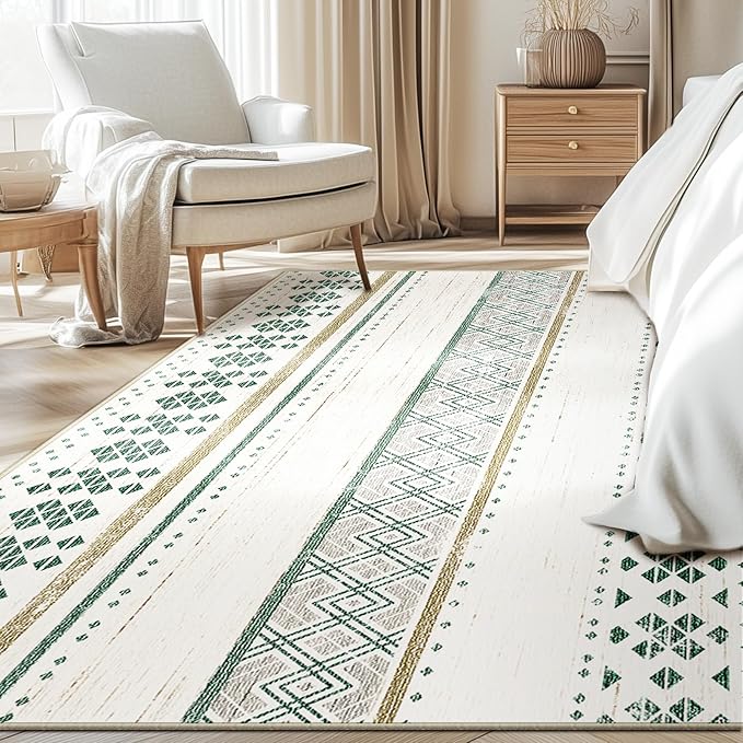 BESTSWEETIE 8x10 Area Rugs for Living Room Washable Moroccan Farmhouse Neutral Geometric Low Pile Non-Slip Soft Print Pattern Rug for Bedroom Kitchen Dining Room Entryway Green/Brown/Brown