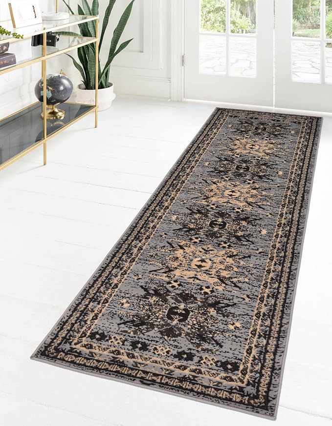 Unique Loom Taftan Collection Border Geometric Tribal Inspired Design Area Rug (2' 11 x 16' 5 Runner, Gray/ Black)