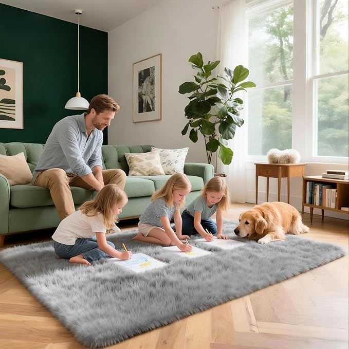 3x5 Solid Fluffy Grey Area Rug – Washable, Durable, Living Room Rug, Non-Slip High Pile Shag Rugs for Bedroom, Living Room, Bedside, Dorms, Nursery Rooms, Kids Room, Soft Indoor Floor Carpet