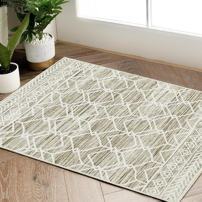 jinchan Moroccan 2x3 Rug for Entryway - Machine Washable Rug Modern Geometric Kitchen Soft Faux Wool Non-Slip Indoor Doormat Ultra-Thin Carpet for Entrance Bathroom Bedroom Living Room (2x3ft, Taupe)