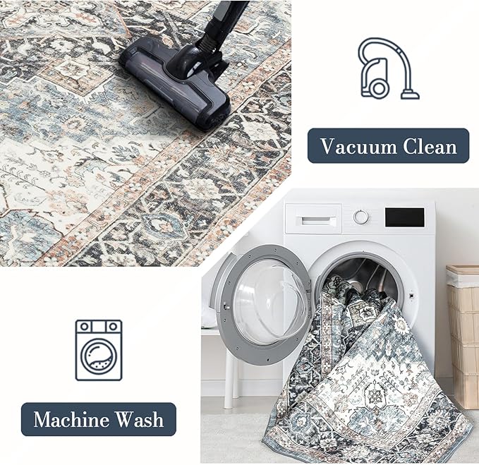 Area Rug 4×6, Vintage Boho Rug,Ultra-Soft Low Pile, Washable, Non Slip,Stain Resistant Printed Carpet for Living Room Bedrooms Playroom Office Kitchen, Blue/Navy