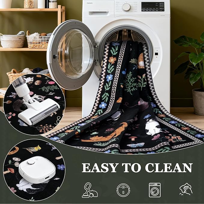 9x12 Area Rugs Living Room Rug: Vintage Washable Rug Floral Soft Carpet Indoor Floor Non-Slip Boho Stain Resistant Large Carpets for Bedroom Kids Nursery Dining Room Farmhouse Home Office Black/C01