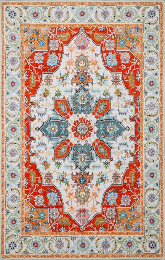WILLSUN Washable Area Rugs, 5x7 Non-Slip Boho Large Area Rugs for Living Room, Bedroom, Machine Washable Vintage Rug, Indoor Floral Print Carpet for Home Decor, Kid & Pet Friendly Mat