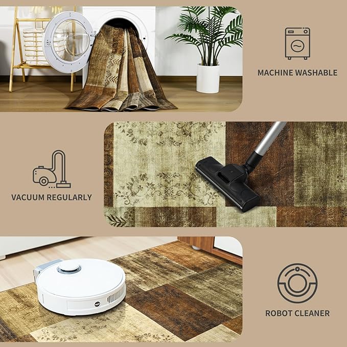 DweIke Washable Area Rugs for Living Room, 4x6 Soft Bedroom Rugs, Geometric Print Non-Slip Modern Rug, Stain Resistant Throw Carpets for Office Nursery Dining Room Home Dorm Decor, Brown