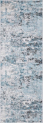 Rugs.com Leipzig Collection Runner Rug – 6 Ft Runner Blue Low-Pile Rug Perfect for Hallways, Entryways