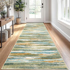 Modern Abstract Runner Rug 2.6x10, Green Mustard Multi Washable Long Kitchen Runner Non-Slip Soft Hallway Rug Runner Thin Print Faux Wool Carpet for Entryway Bedroom Laundry Room Indoor
