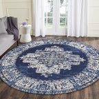 vivorug Round Rug 4ft Vintage Round Area Rug Non-Slip Indoor Carpet for Living Room Bedroom Entryway, Stain Resistant Home Decor Circle Rug, Navy Blue