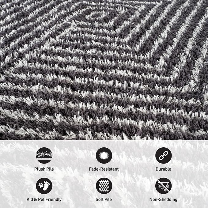 Rugshop Geometric Diamond Stripe Shag Area Rug Anthracite Dark Gray 4' x 6' Ideal for Small Living Rooms, Offices, or Beside The Bed