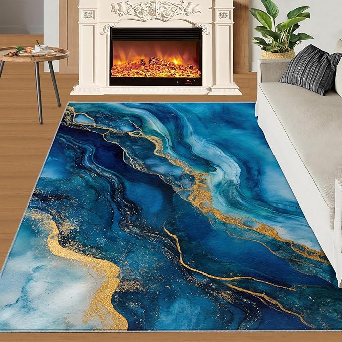 Blue Gold Marble Rugs for Bedroom - 6x9 Area Rug - Modern Fashion Marble Rugs for Living Room, European Light Luxury Art Rug, Washable Home Decor Carpet