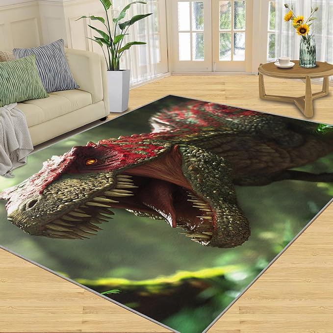 Dinosaurs Rugs for Bedroom - 4x6 Area Rug - 3D Dinosaurs Rugs for Living Room, Forest Animals Rug, Non-Slip Washable Home Decor Carpet
