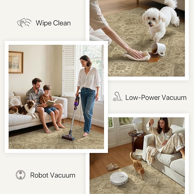 Bavni 8x10 Area Rugs for Living Room, Machine Washable Rug Non Slip, Vintage Chenille Distressed Print Carpet, Large Low Pile Ultra-Thin Lightweight Rugs for Bedroom, Dining Room, Office, Nut Brown