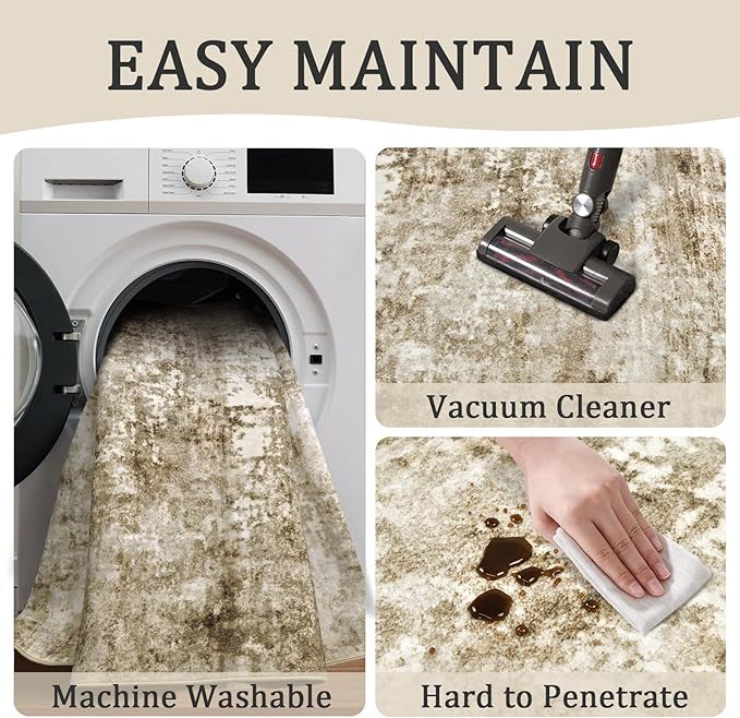 2x3 Machine Washable Area Rug for Entryway, Brown Modern Vintage Abstract Rug Non-Slip Low Pile Soft Faux Wool Small Carpet, Kids and Pets Friendly for Bedroom Kitchen Hallway Home Decor Rug