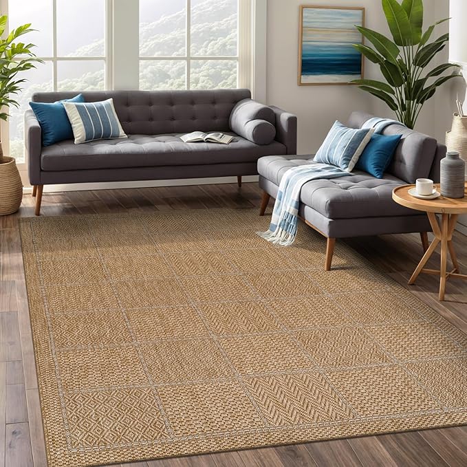 Beverly Rug Easy Jute Checkered Squared Rug 8x10 Washable Durable Indoor Outdoor Area Rugs for Living Dining Room Patio Office Stain Resistant Non Shedding Casual Indoor Outside Carpet 8 x 10 Natural