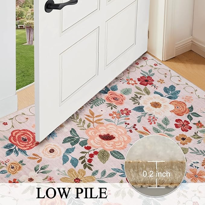DUKINO 5x7 Area Rug, Floral Rugs for Living Room, Lightweight Non Slip Washable Rug, Indoor Low Pile & Non-Shedding Boho Design Rugs for Bedroom, Living Room, Dining Room, Beige