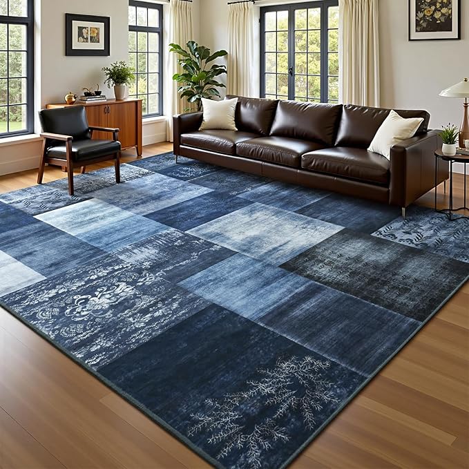 DweIke Washable Area Rugs for Living Room, 5x7 Soft Bedroom Rugs, Geometric Print Non-Slip Modern Rug, Stain Resistant Throw Carpets for Office Nursery Dining Room Home Dorm Decor, Navy Blue