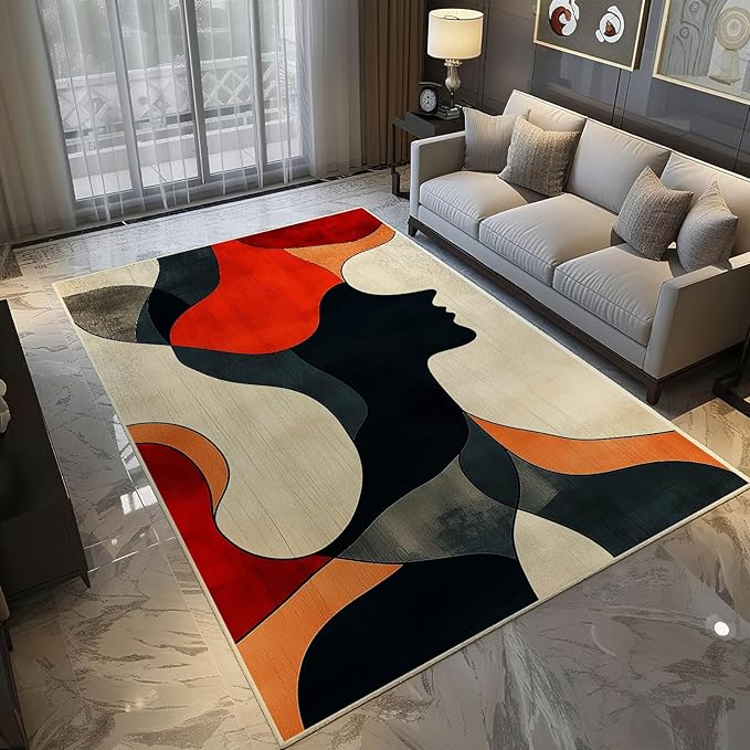 6x9 Abstract Rug, Abstract Area Rug, Geometric Area Rugs, Modern Geometric Rugs, Minimalist Face Carpet, Contemporary Carpet for Living Room, Non Slip & Faux Cashmere Low Pile