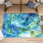 Peacock Feather Rug 5x6-5x6 Rug, Teal Turquoise Area Rugs for Bedroom, Malachite Green Feather Rugs for Living Room, Peafowl Washable Mat, Peacock Feather Carpet - Peafowl Home Decor & Gifts