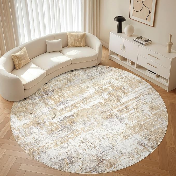Round Rug Living Room Rugs: 7Ft Washable Circle Large Abstract Modern Soft Stain Resistant Non Slip Indoor Floor Carpet for Bedroom Nursery Office Dining Room Dorm Home House Decor- Gray Gold