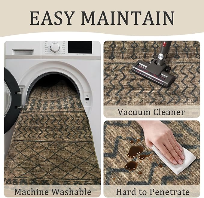 2x3 Machine Washable Area Rug for Entryway, Brown Black Vintage Moroccan Rug Non-Slip Low Pile Soft Faux Wool Small Carpet, Kids and Pets Friendly for Bedroom Kitchen Hallway Bedside Home Decor Rug