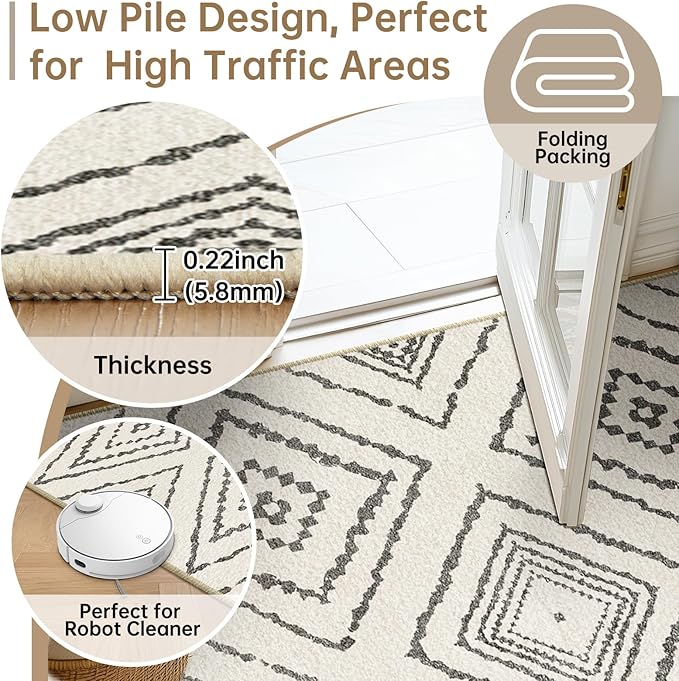Area Rug 2x10 Rug Machine Washable Non-Slip Low Pile Print Pattern Western Rug for Living Room Bedroom Entryway Tribal Series -Navywhite/Black