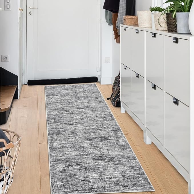 RUGSREAL Hallway Runner Rug 2.5x10 Long Kitchen Rug with Rubber Backing Low Pile Stain Resistant Entryway Carpet Washable Modern Solid Color Runner for Living Room Bedroom, Ivory/Grey