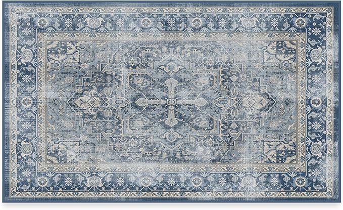 RUGGABLE Washable Area Rug – Kamran Admiral Blue 3x5, Stain-Resistant, Non-Slip – Small Machine Washable Rugs for Living Room, Bedroom, Hallway, Entryway & Office–with Standard Pad