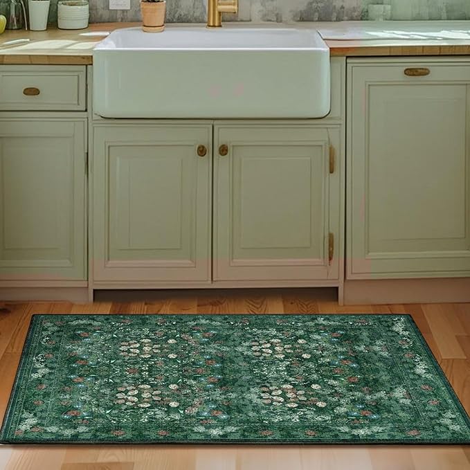 Green Cottagecore Washable Floral Rugs for Entryway - 2x3 Small Vintage Throw Rugs for Kitchen, Bathroom, Laundry, Indoor Entrance - Low Pile Non Slip Thin Rug, Boho Distressed Front Door Floor Mat