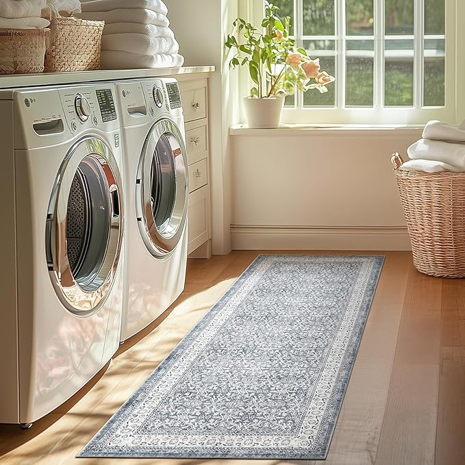 jinchan Hallway Runner Rug 2x10 - Machine Washable Grey Vintage Floral Distressed Design Soft Non-Slip Low-Pile Ultra-Thin Runner Rug for Kitchen Laundry Room Bedroom Farmhouse (2‘x10', Grey)