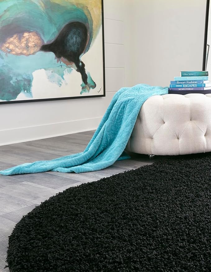 Unique Loom Solid Shag Collection Area Rug (7' 10" x 10' Oval, Jet Black)