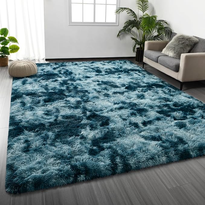Shag Area Rug, 4 X 6 Tie-Dyed Plush Fuzzy Rugs for Living Room, Ultra Soft Fluffy Furry Rug for Bedroom, Indoor Carpet Nursery Rugs for Kids Room Home Decor, Peacock Blue