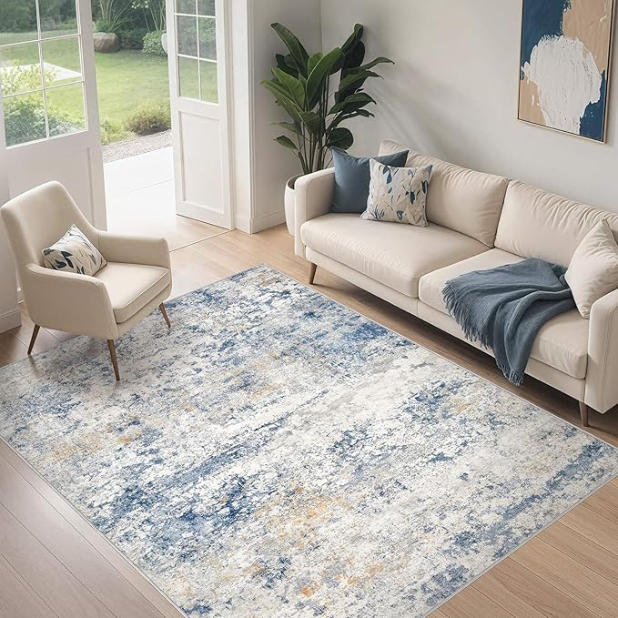 Area Rug Living Room Rugs - 5x7 Abstract Large Soft Indoor Washable Rug Neutral Modern Low Pile Carpet for Bedroom Dining Room Farmhouse Home Office - Blue
