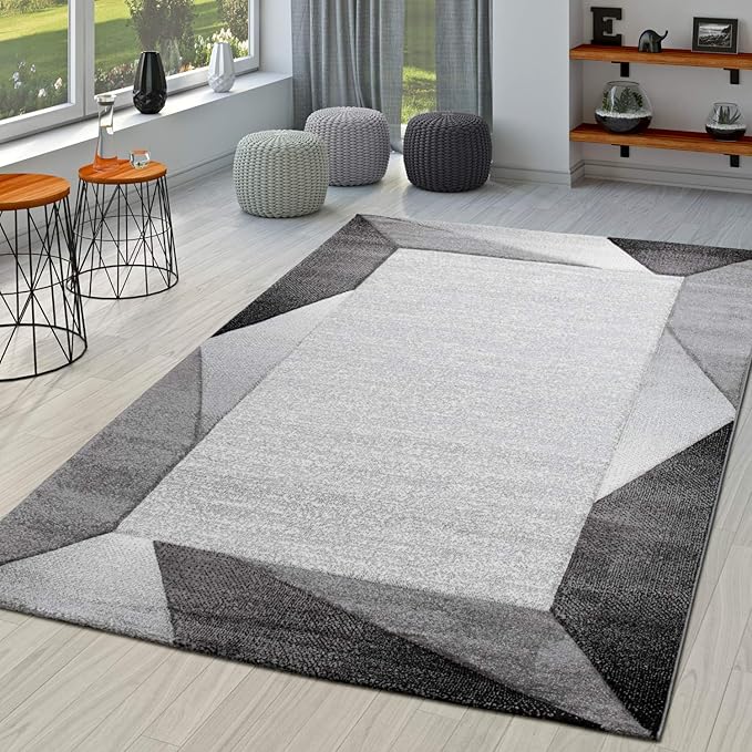 Paco Home Modern Area Rug Bordered with Geometric Pattern Grey Anthracite with Contour Cut, Size: 2'8" x 4'11"